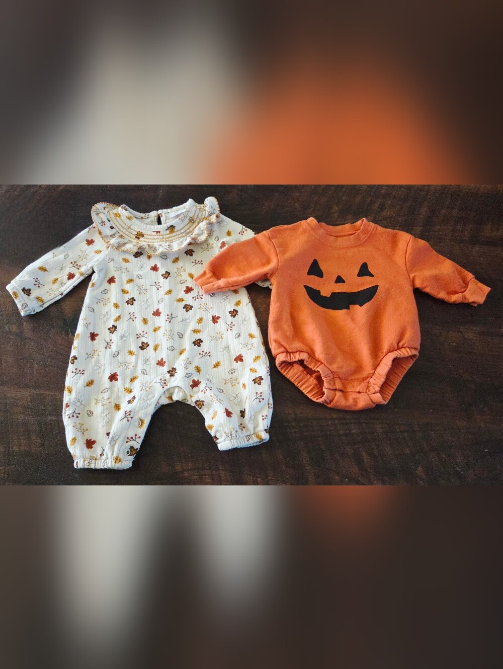 2pc Baby Long Sleeve Ribbed Fall Leaves Romper And Pumpkin One Piece 0-3 Months.